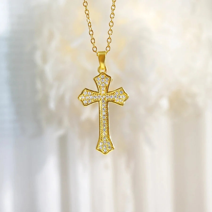 Copper cable chain Plating Cross Zircon Pendant Necklace