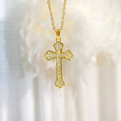Copper cable chain Plating Cross Zircon Pendant Necklace