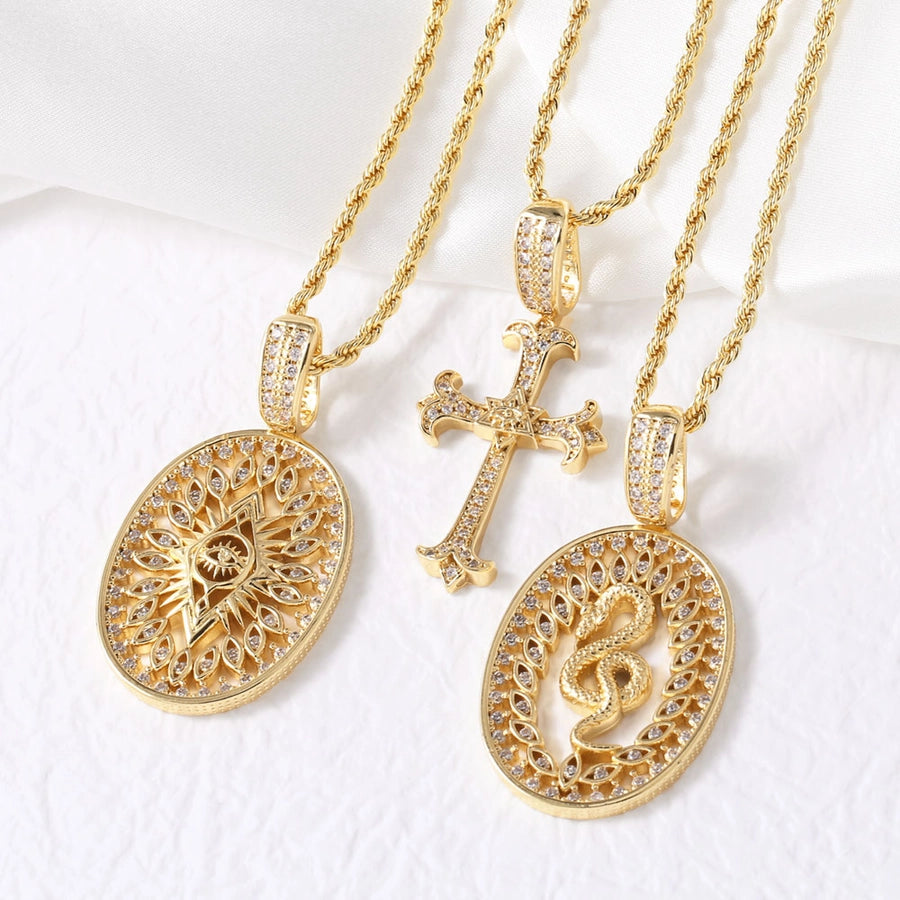 Jewelry Modern Style Simple Style Cross Eye Snake 201 Stainless Steel Copper Agate Zircon 18K Gold Plated Hollow Out Inlay Pendant Necklace