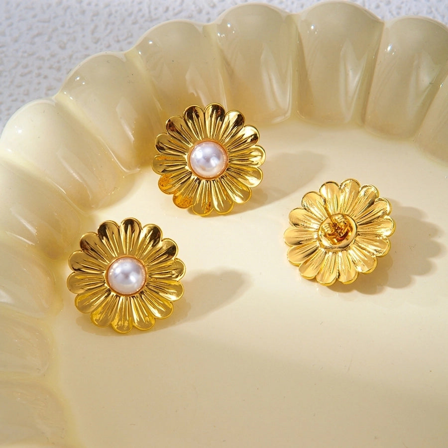 1 Pair Vacation Sweet Round Flower Plating Inlay 304 Stainless Steel Pearl 14K Gold Plated Ear Studs