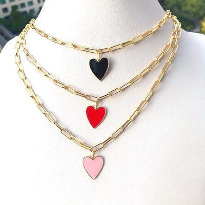 Copper Paperclip Chain Enamel Heart Shape Pendant Necklace