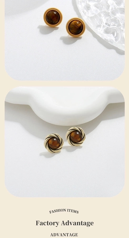 1 Pair Vintage Style Simple Style Geometric Round Heart Shape Plating Inlay Copper Natural Stone Zircon 18K Gold Plated Ear Studs