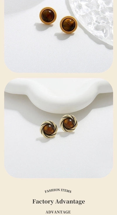 1 Pair Vintage Style Simple Style Geometric Round Heart Shape Plating Inlay Copper Natural Stone Zircon 18K Gold Plated Ear Studs