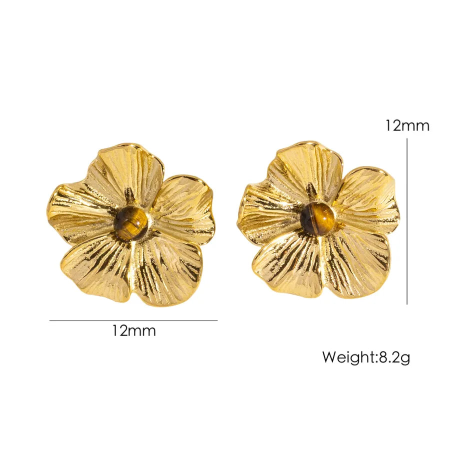 1 Pair IG Style Elegant Modern Style Flower Inlay 304 Stainless Steel Natural Stone 14K Gold Plated Ear Studs