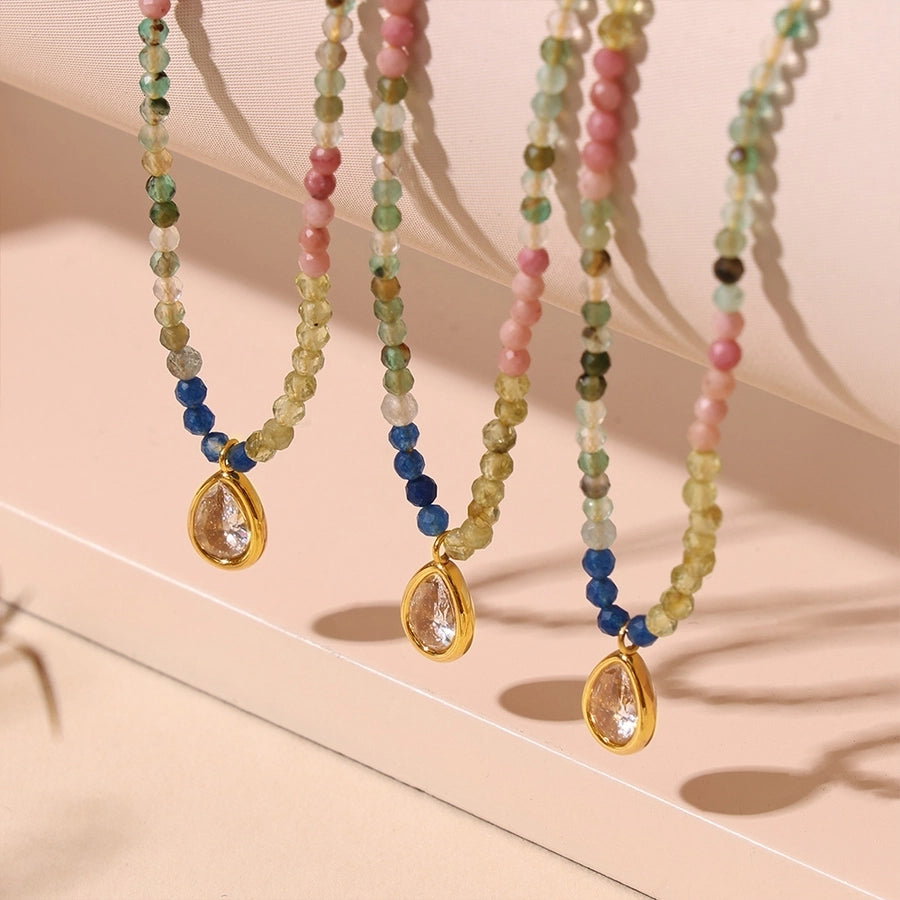 Elegant Water Droplets 304 Stainless Steel natural stone 18K Gold Plated Opal Beaded Chain Pendant Necklace In Bulk