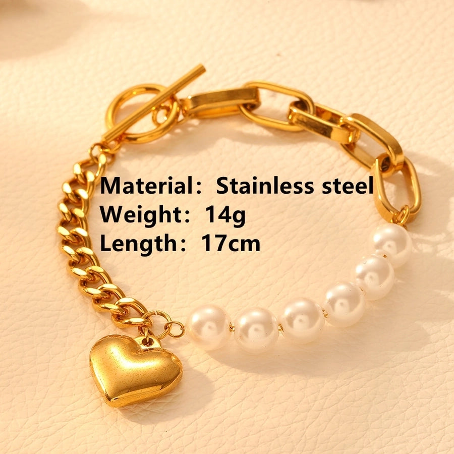 Elegant Heart Shape Titanium Steel 18K Gold Plated Beaded Chain Cuban Link Chain Curb Chain Paperclip Chain Bracelets In Bulk