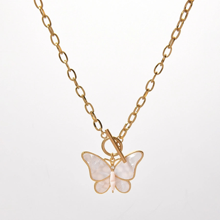 Jewelry Elegant Sweet Round Butterfly 304 Stainless Steel Fritillary 14K Gold Plated Plating Hollow Out Inlay Pendant Necklace