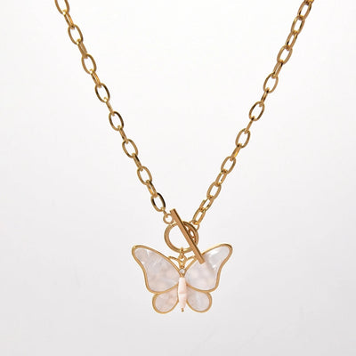 Jewelry Elegant Sweet Round Butterfly 304 Stainless Steel Fritillary 14K Gold Plated Plating Hollow Out Inlay Pendant Necklace
