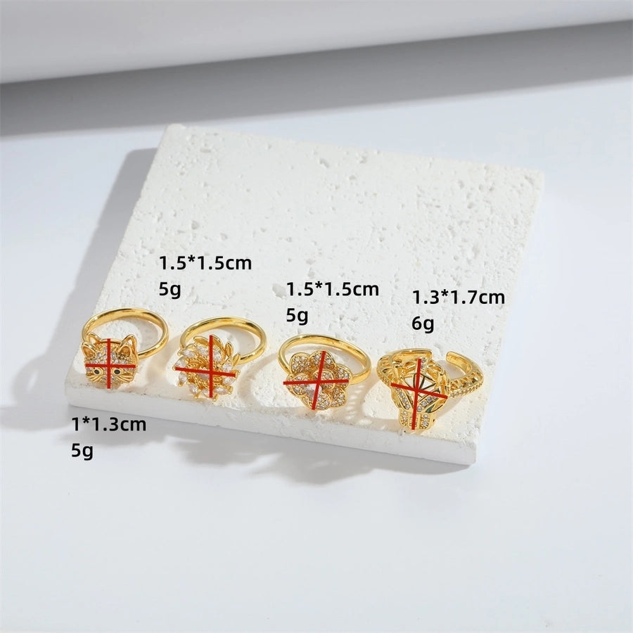 Jewelry Casual Cute Cat Flower Copper Zircon 14K Gold Plated Rings