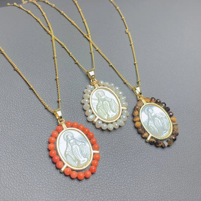 Mother pearl shellfish Copper Geometric Virgin Mary Color Block Pendant Necklace