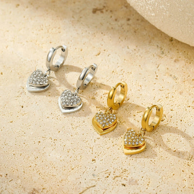 1 Pair Sweet Heart Shape Plating Inlay 304 Stainless Steel Zircon 18K Gold Plated Drop Earrings