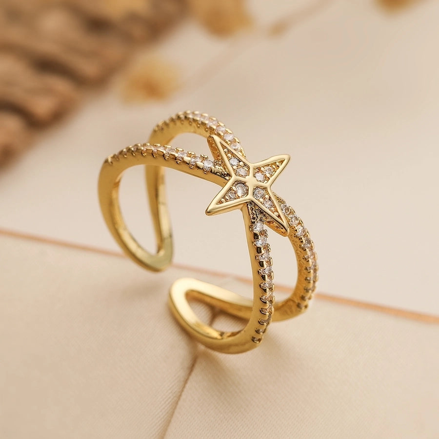 Copper Plating Inlay Geometric Star Heart Shape Zircon Open Rings