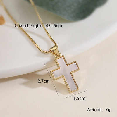Jewelry Retro Simple Style Cross Copper Shell Zircon Pendant Necklace