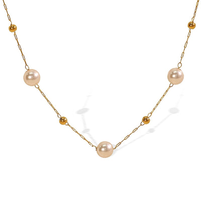 Jewelry IG Style Elegant French Style Round 304 Stainless Steel Artificial Pearls 18K Gold Plated Beaded Polishing Necklace