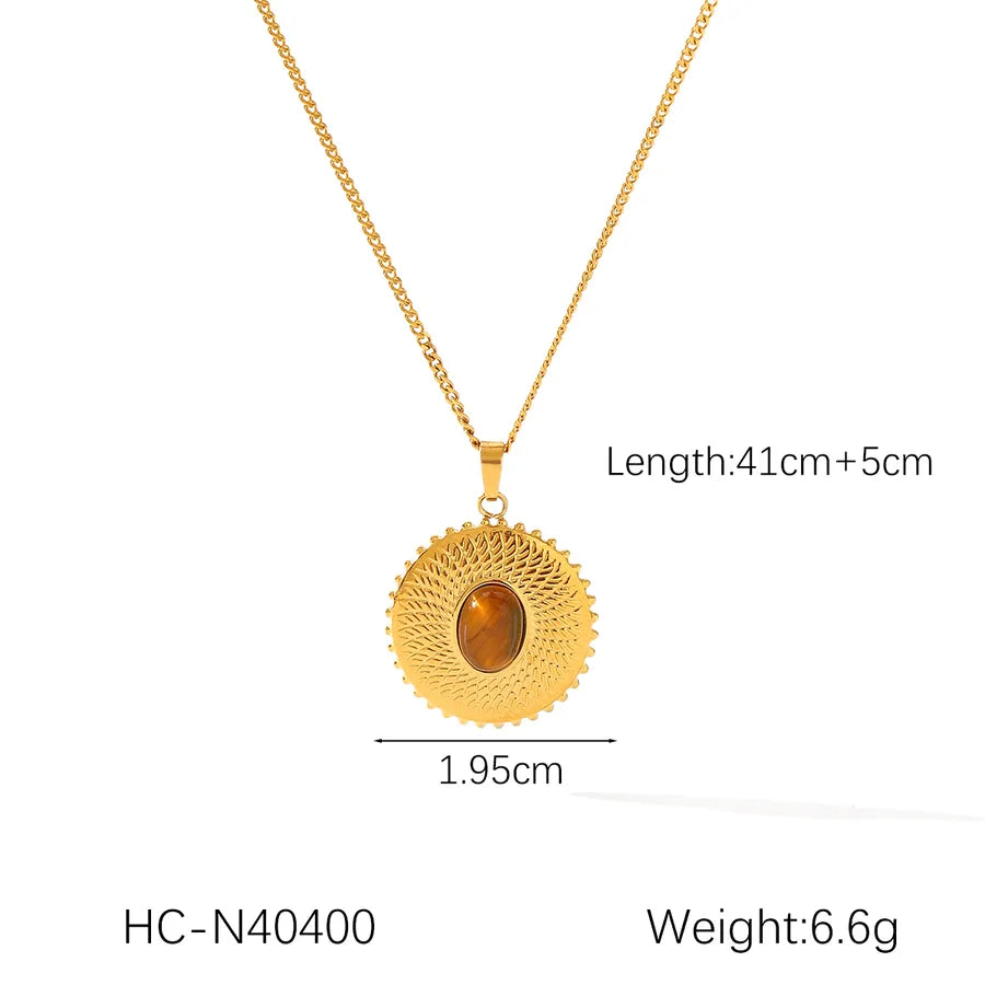 Wholesale Jewelry IG Style Simple Style Sunflower 304 Stainless Steel Titanium Steel Tiger Eye 18K Gold Plated Pendant Necklace Cuban Link Chain Curb Chain