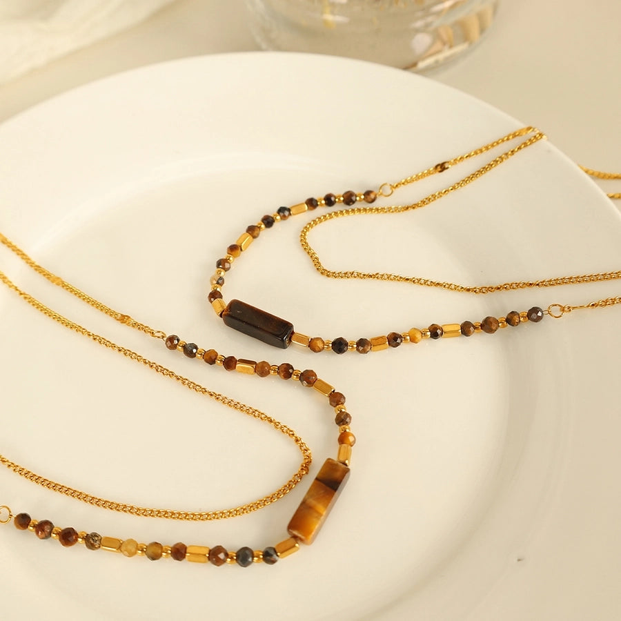 Jewelry IG Style Vintage Style Geometric 304 Stainless Steel Tiger Eye 18K Gold Plated Polishing Double Layer Necklaces