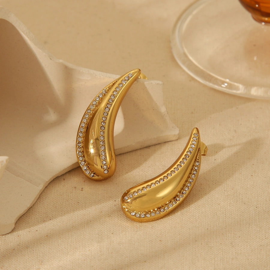1 Pair French Style Commute Water Droplets Plating Inlay 304 Stainless Steel Zircon 18K Gold Plated Ear Studs