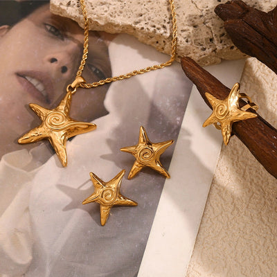 Jewelry Retro Starfish Titanium Steel 18K Gold Plated Plating Rings Earrings Necklace