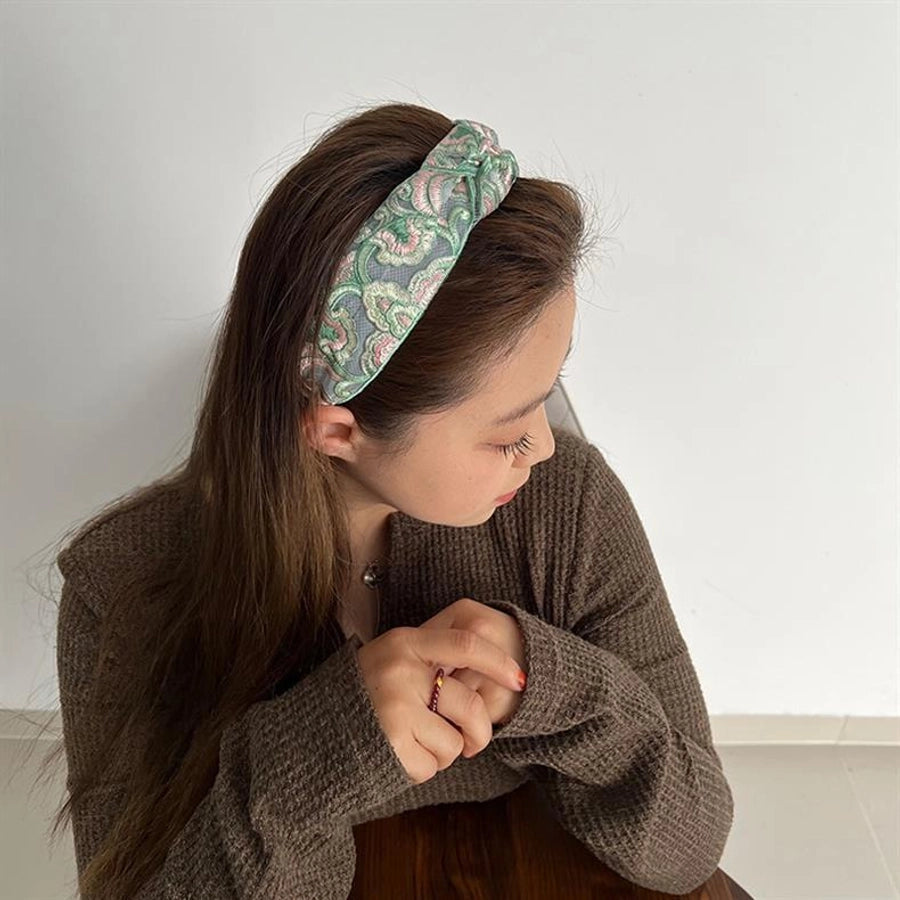 New Ethnic Style Cotton and Linen Embroidery Floral New Chinese Style Hairband Bow Hairpin Headband Wide-brimmed Hair Accessories for Women