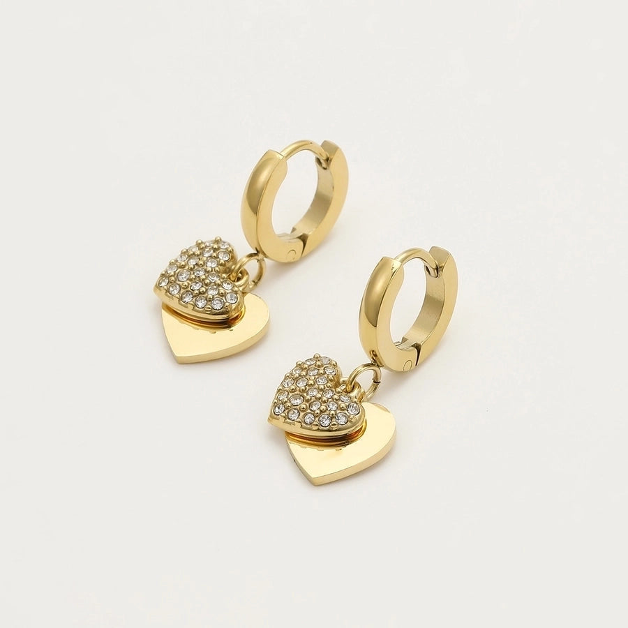 1 Pair Sweet Heart Shape Plating Inlay 304 Stainless Steel Zircon 18K Gold Plated Drop Earrings