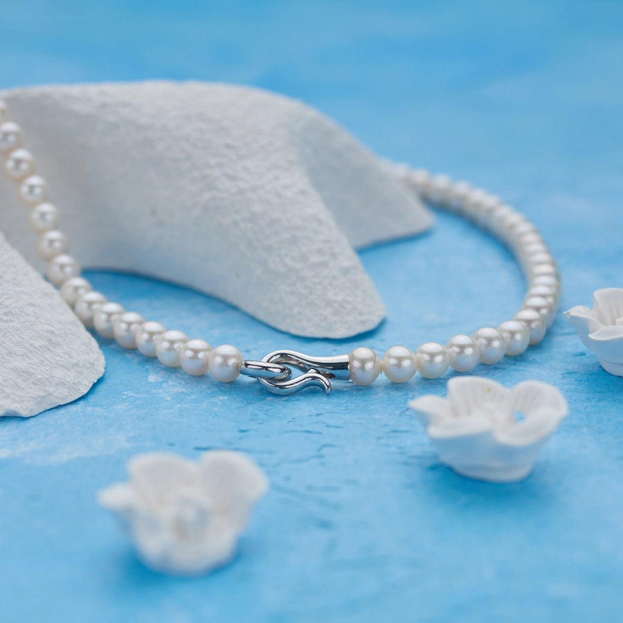 925 Sterling Silver Beaded Chain Beaded Metal Button Round Freshwater Pearl Necklace