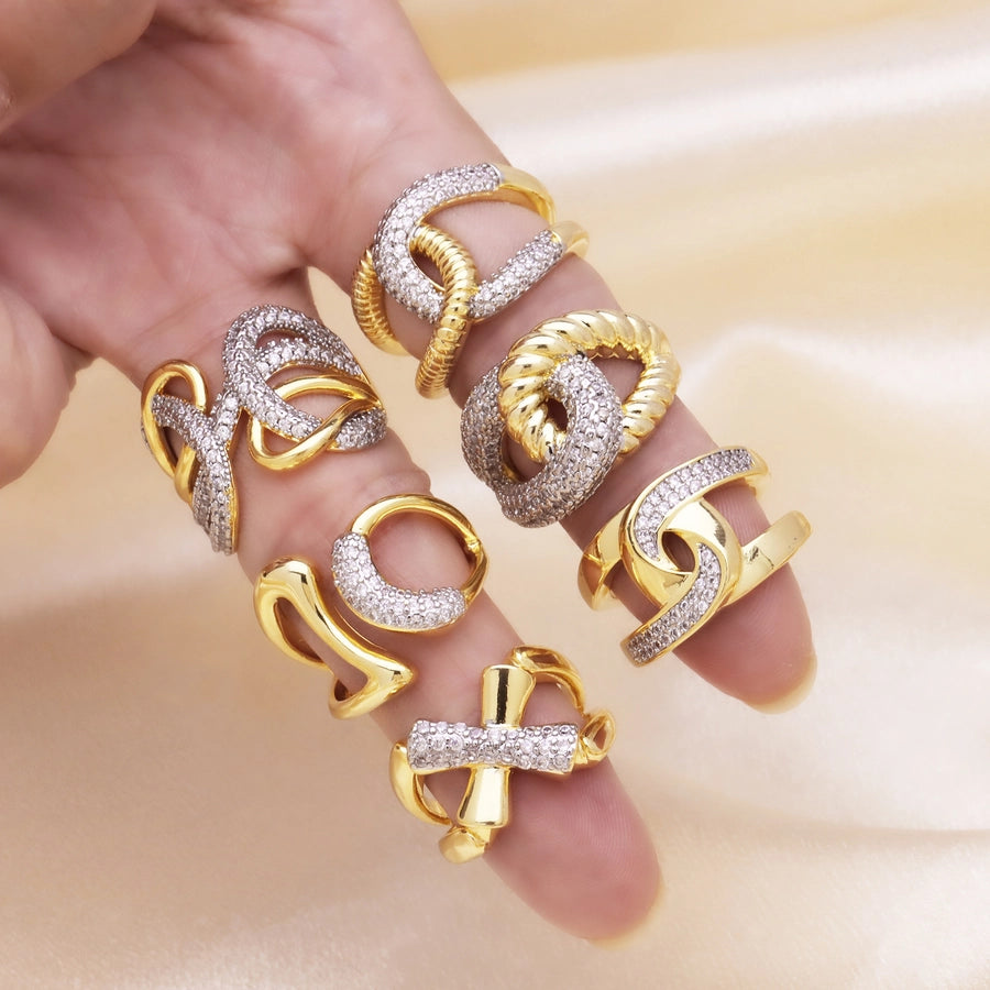 Jewelry IG Style Geometric Copper Zircon 18K Gold Plated Mixed Metal Inlay Open Rings
