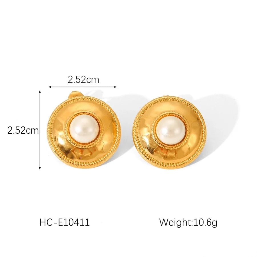 1 Pair IG Style Round Plating Inlay 304 Stainless Steel Pearl 18K Gold Plated Ear Studs