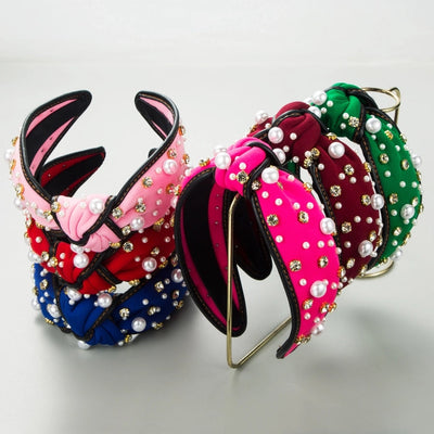 Women's Casual Elegant Knot Cloth Inlay Rhinestones Pearl Hair Band