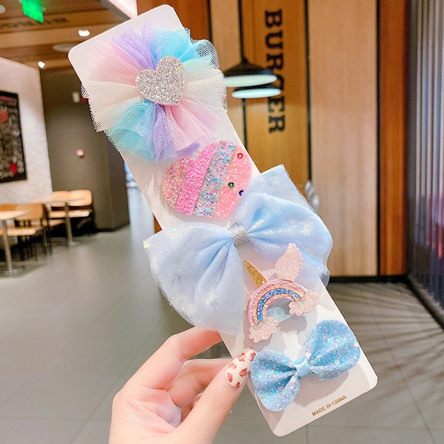 cute rabbit rainbow bow knot alloy gauze hair clip 1 set