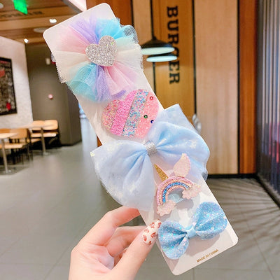cute rabbit rainbow bow knot alloy gauze hair clip 1 set