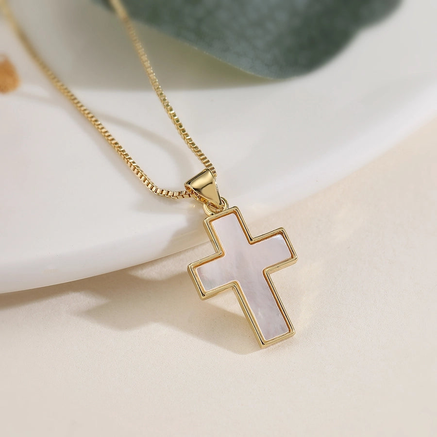Jewelry Retro Simple Style Cross Copper Shell Zircon Pendant Necklace