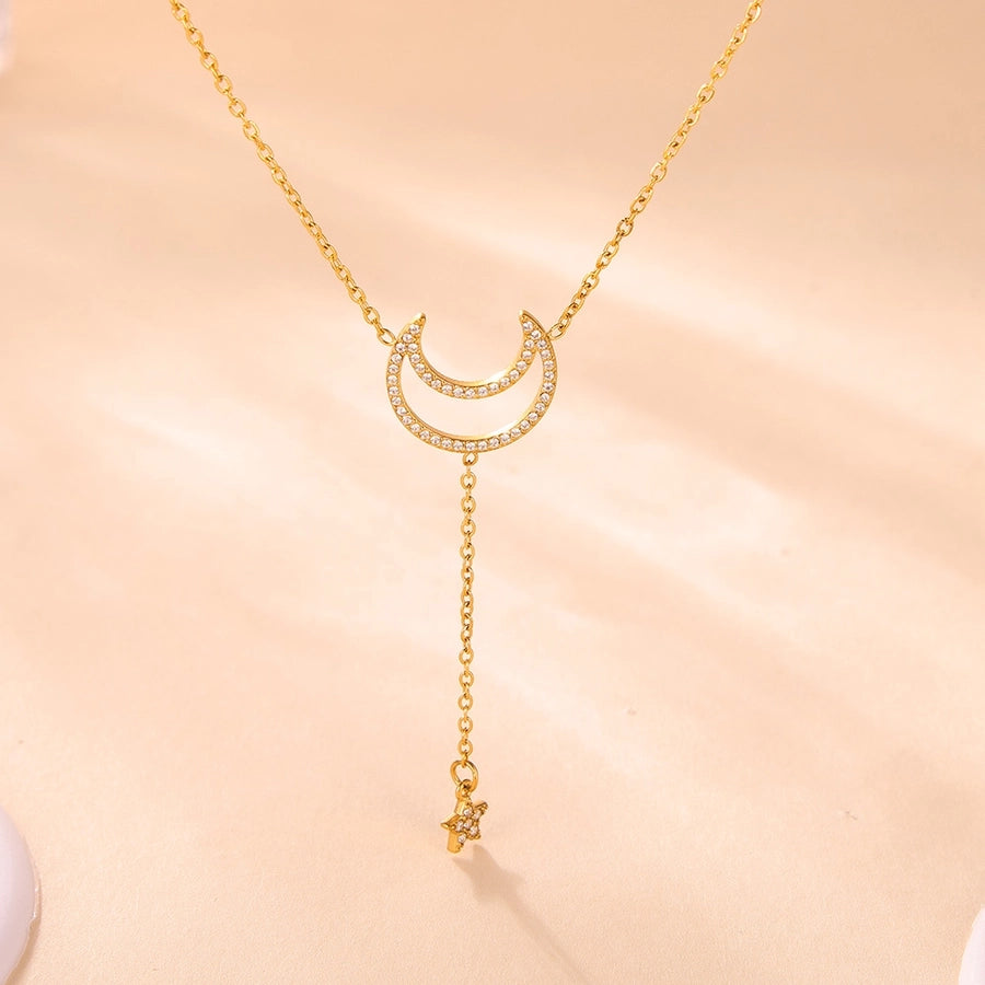 Jewelry Elegant Luxurious Vacation Moon Titanium Steel Rhinestones 18K Gold Plated Plating Jewelry Set