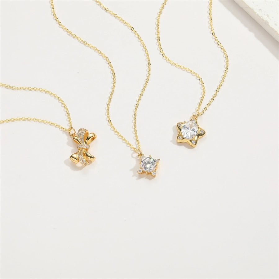 ABS Copper 14K Gold Plated Inlay Star Bow Knot Fish Bone Zircon Pendant Necklace