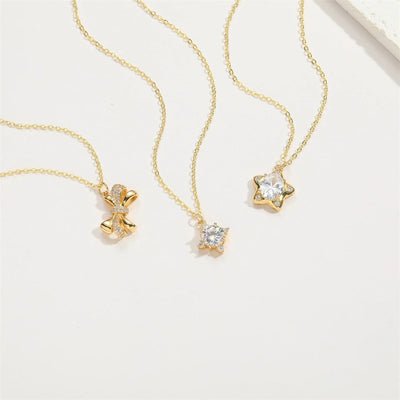 ABS Copper 14K Gold Plated Inlay Star Bow Knot Fish Bone Zircon Pendant Necklace