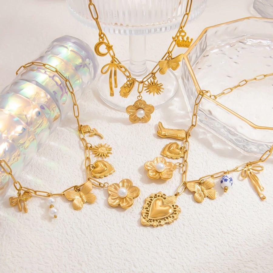 Jewelry Elegant Classic Style Heart Shape Flower 304 Stainless Steel Plating Multi Charms Necklace