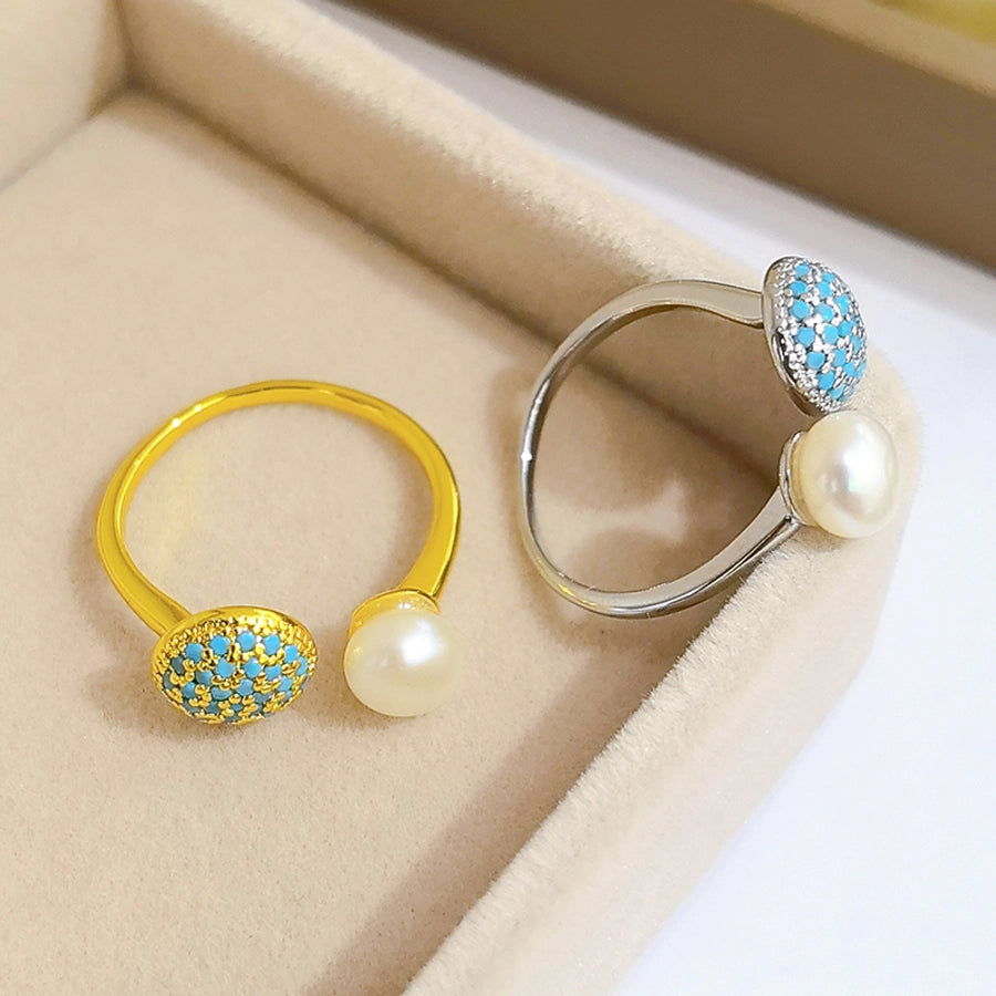 Copper Inlay Round Artificial Pearls Turquoise Copper Rings
