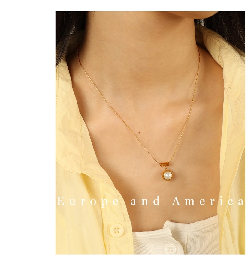 Jewelry IG Style Elegant Round 304 Stainless Steel Artificial Pearls 18K Gold Plated Polishing Inlay Pendant Necklace