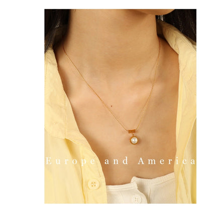 Jewelry IG Style Elegant Round 304 Stainless Steel Artificial Pearls 18K Gold Plated Polishing Inlay Pendant Necklace