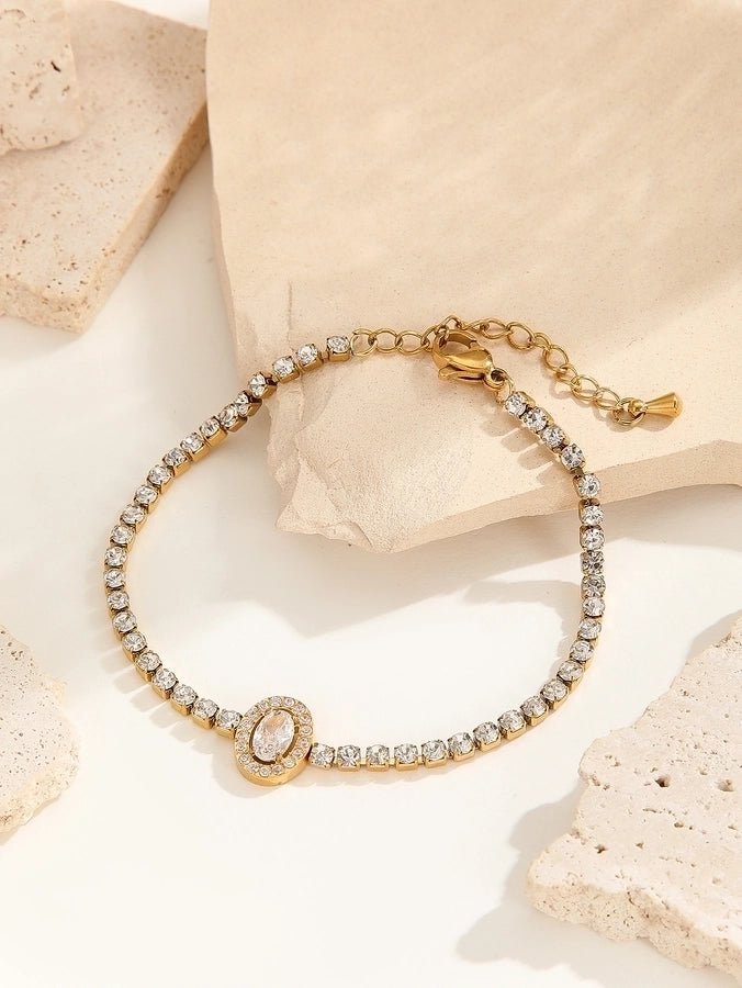 Elegant Lady Streetwear Oval Heart Shape Titanium Steel 18K Gold Plated Artificial Crystal Bracelets In Bulk