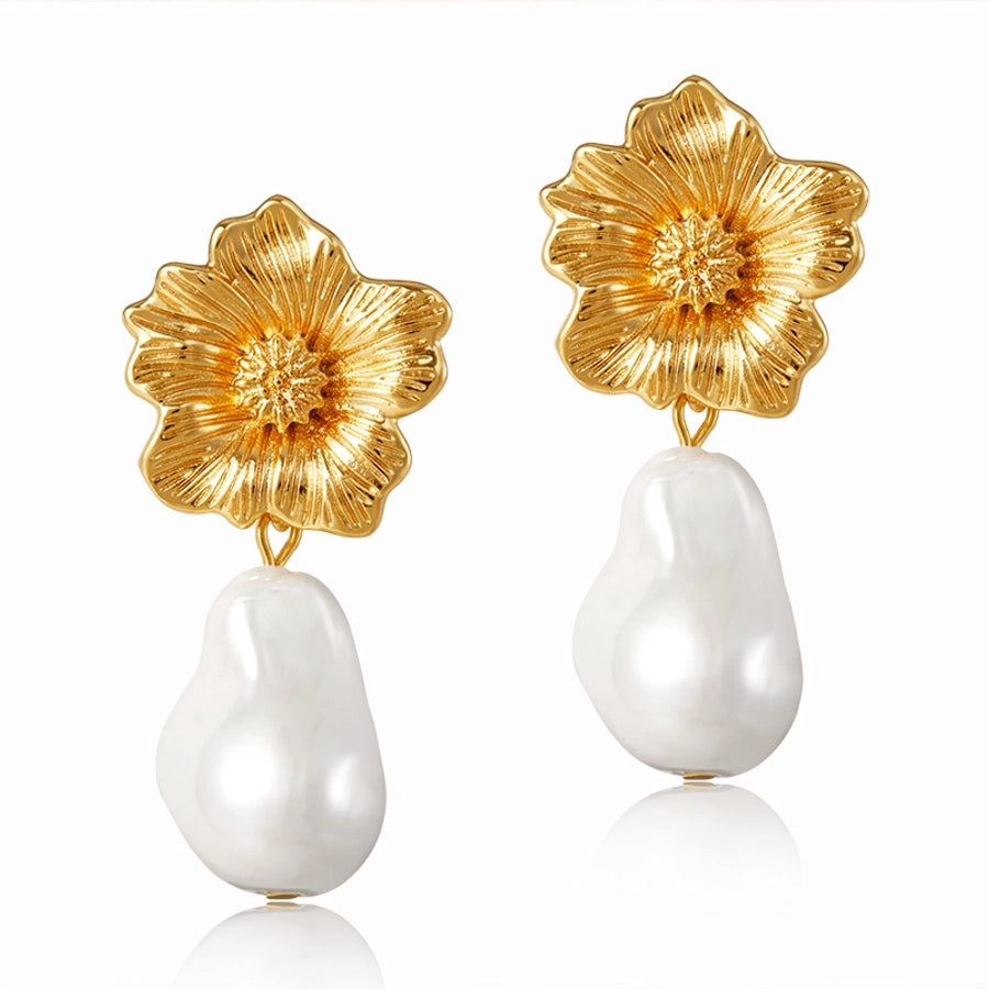 1 Piece Vintage Style Lady Wedding Pearl Inlay Copper Artificial Pearls 18K Gold Plated Drop Earrings