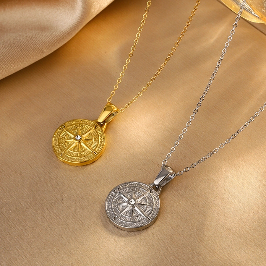 Jewelry Simple Style Round 304 Stainless Steel Rhinestones 18K Gold Plated Plating Inlay Pendant Necklace