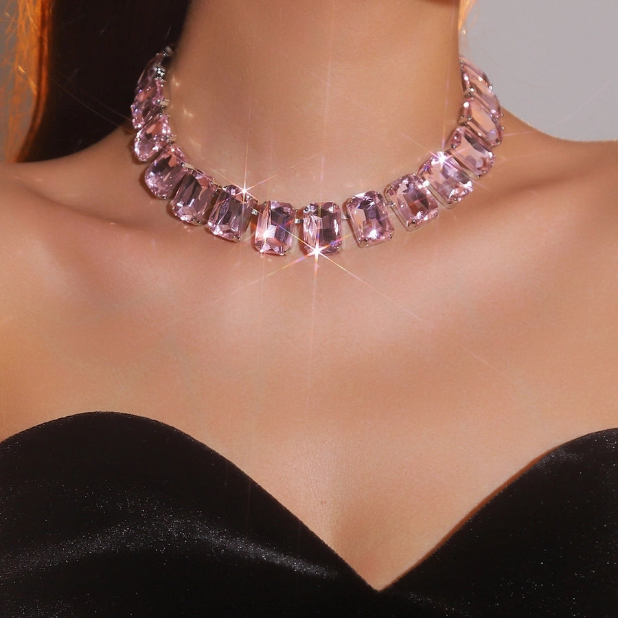 Copper Tennis Chain Inlay Rectangle Rhinestones Pendant Necklace