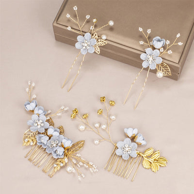 Women's IG Style Sweet Flower Cloth Metal Handmade Pearl Inlay Rhinestones Insert comb