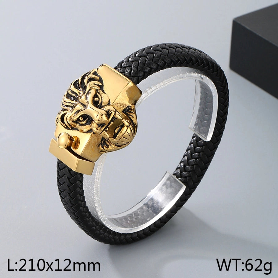 Business Lion's head Wolf Head Skull 304 Stainless Steel Leather 18K Gold Plated Men's Bracelets