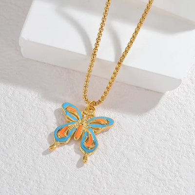 Jewelry Casual Sweet Flower Butterfly 304 Stainless Steel Artificial Pearls Beaded Enamel Inlay Pendant Necklace