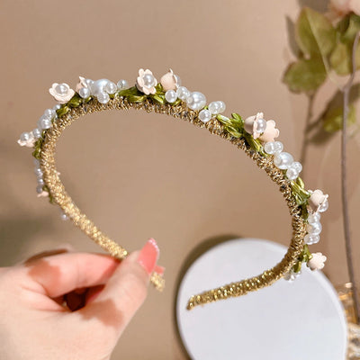 women's fairy style sweet waves flower imitation pearl alloy hair band