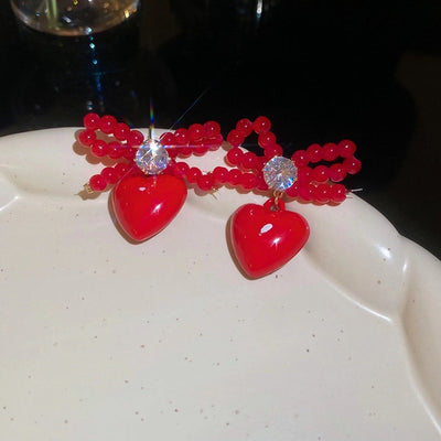 1 Pair IG Style Heart Shape Inlay Copper Resin Glass Bead Zircon Drop Earrings