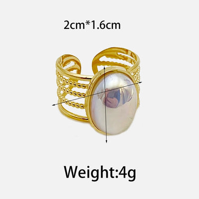 Jewelry Vintage Style Simple Style Commute Oval 304 Stainless Steel Natural Stone Fritillary 14K Gold Plated Plating Hollow Out Stainless Steel Rings