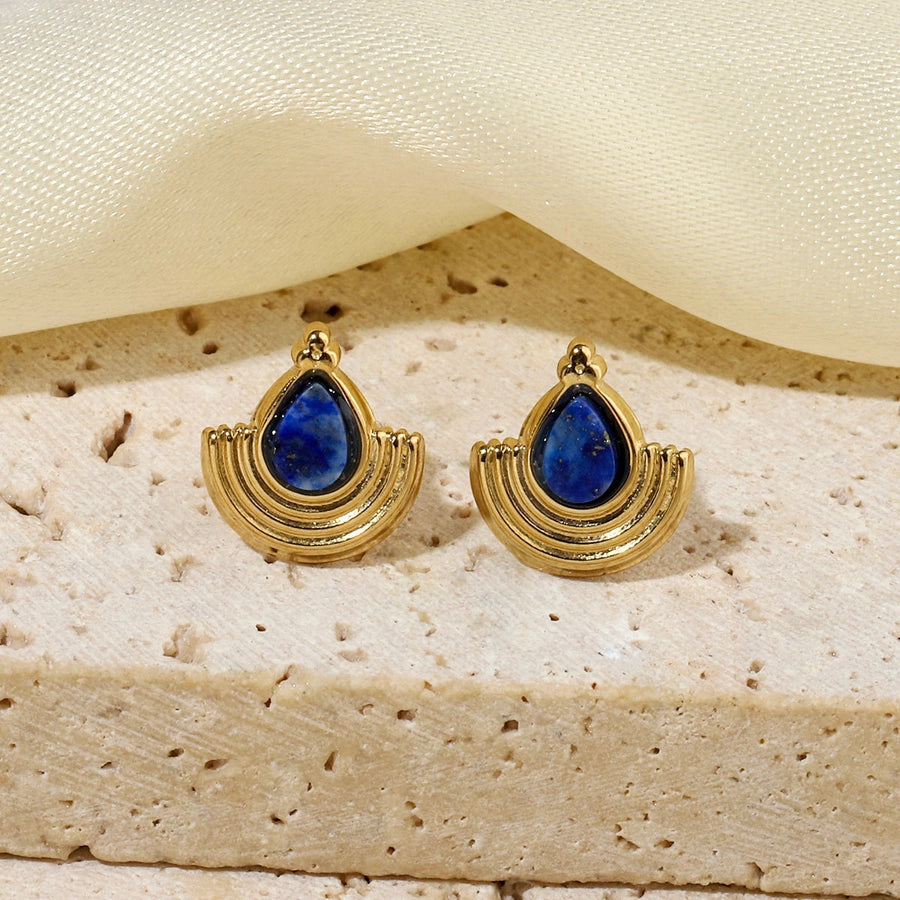 One Pack and Two Pairs Retro French Style Geometric Plating Titanium Steel Natural Stone 14K Gold Plated Ear Studs