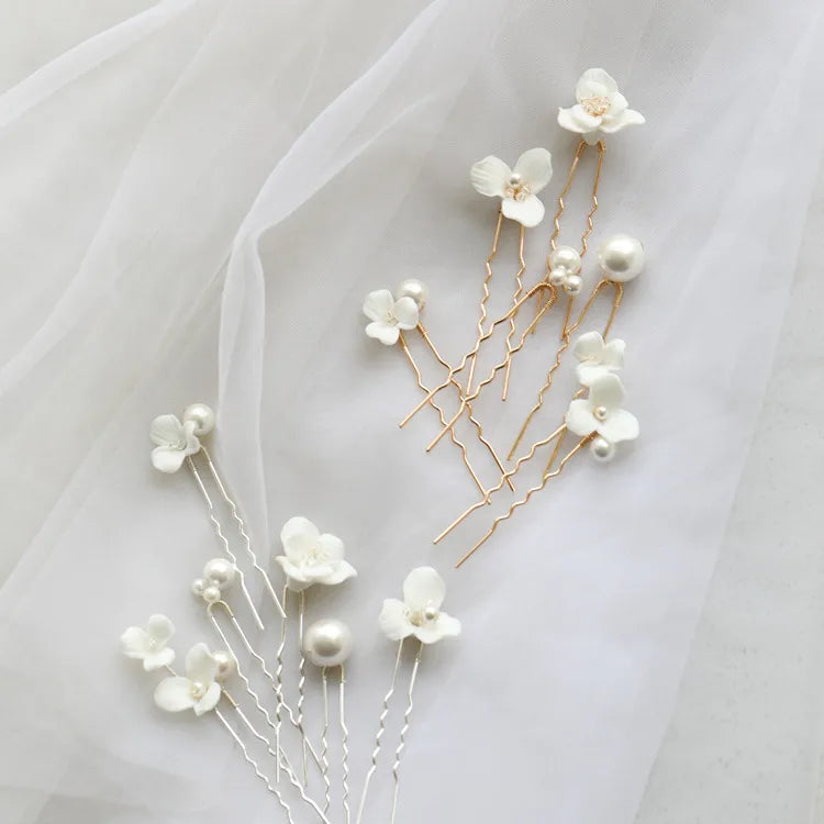 New ceramic flower pearl embellished hair fork set of 6 gold silver bridal hair Fork hair plug simple hair accessories
